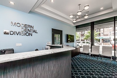 Reception desk at Modern Dental on Division in Wicker Park, Chicago