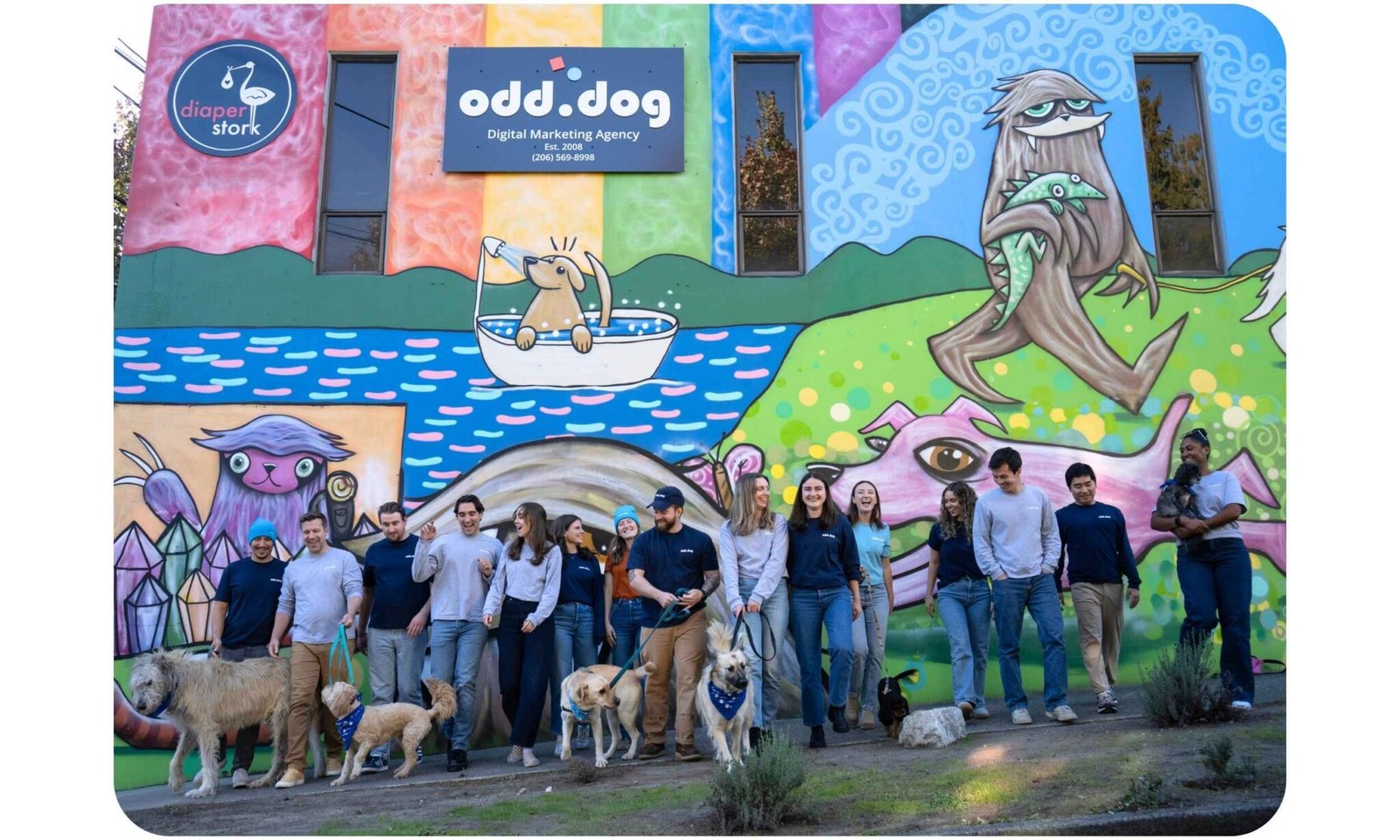 The Odd Dog Media team outside its Seattle office